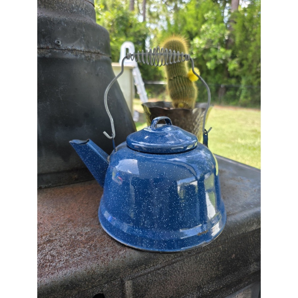 VTG Blue Speckled Enamelware Coffee Tea Pot Kettle 7" Kitchen Farmhouse Decor